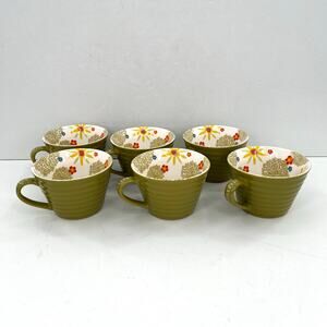 Starbucks olive green ribbed mugs with a floral interior pattern. Lot of 2